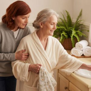 Señora mayor acompañada de cuidadora en un baño