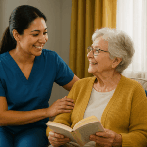 Chica cuidadora acompañando a señora mayor