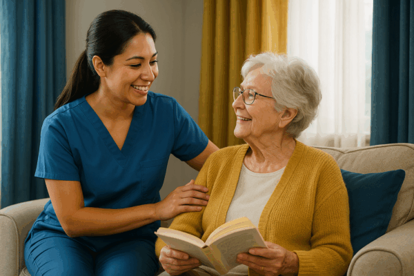 Chica cuidadora acompañando a señora mayor