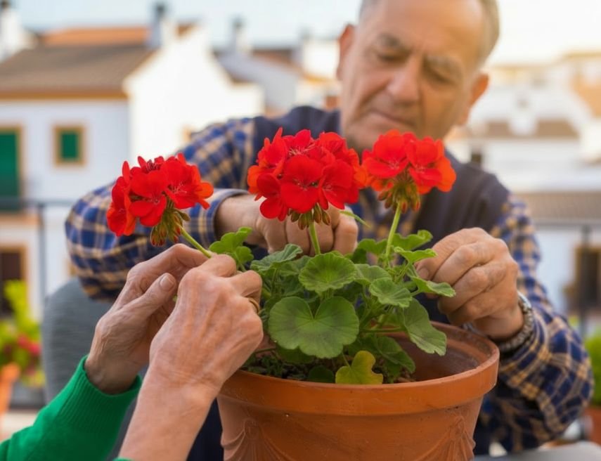 Una persona mayor, en su terraza, trasplanta una planta.